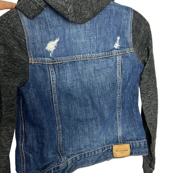 Abercrombie kids M/12, denim jacket. Distressed,multi  media,hood,back to school - Picture 5 of 10